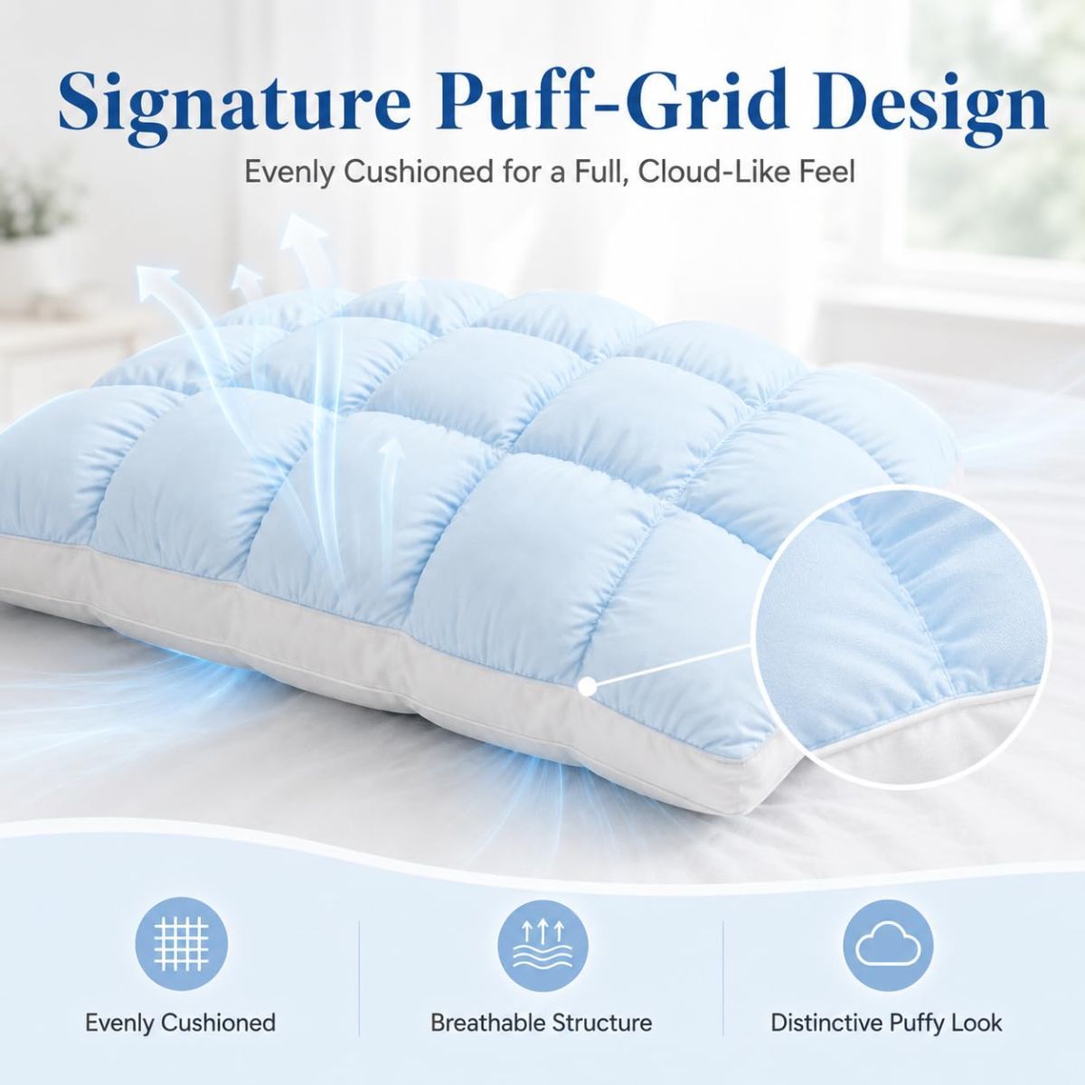 Mellow Puff Cooling Pillow for Sleeping, Fluffy Cloud Pillow with Ice-Silk Touch, Breathable Quilted Grid Design, for Side and Back Sleepers, Machine Washable - Pink - Size 26in*20in
