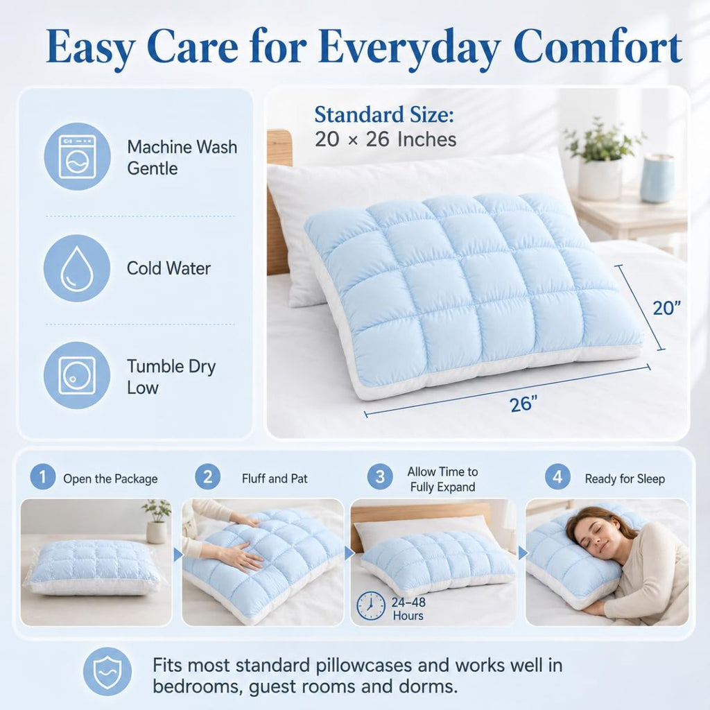 Mellow Puff Cooling Pillow for Sleeping, Fluffy Cloud Pillow with Ice-Silk Touch, Breathable Quilted Grid Design, for Side and Back Sleepers, Machine Washable - Pink - Size 26in*20in
