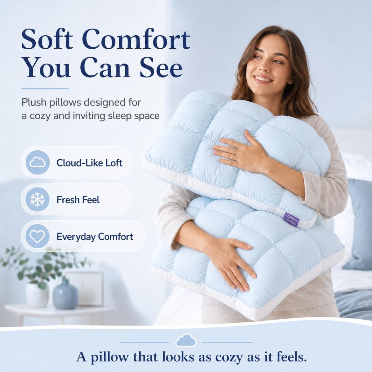 Mellow Puff Cooling Pillow for Sleeping, Fluffy Cloud Pillow with Ice-Silk Touch, Breathable Quilted Grid Design, for Side and Back Sleepers, Machine Washable - Purple - Size 26in*20in