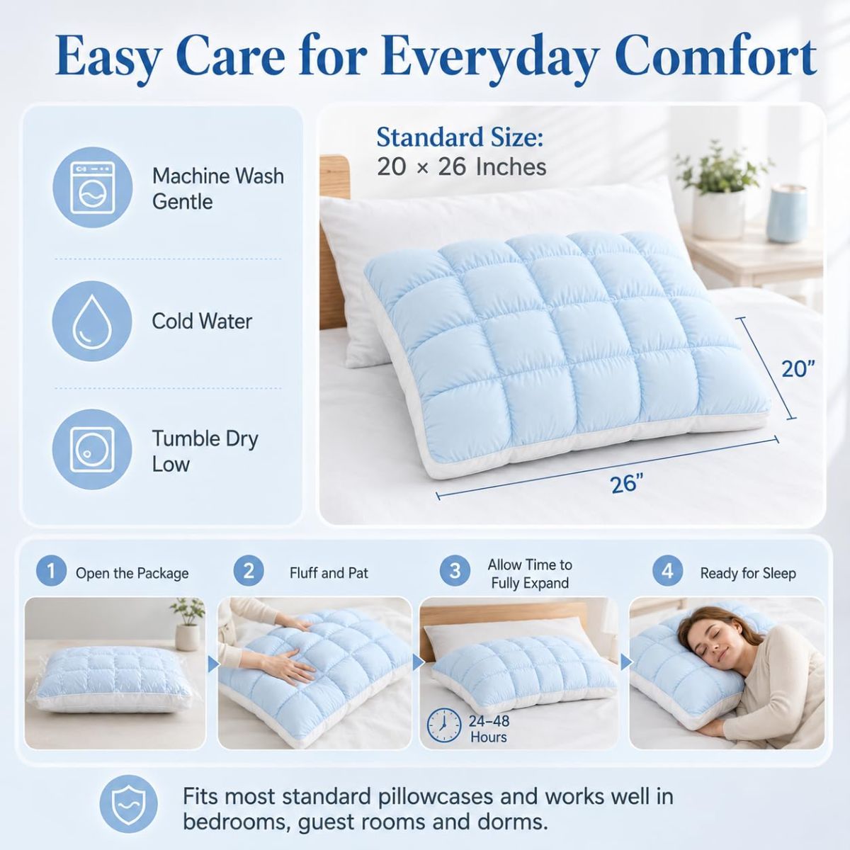 Mellow Puff Cooling Pillow for Sleeping, Fluffy Cloud Pillow with Ice-Silk Touch, Breathable Quilted Grid Design, for Side and Back Sleepers, Machine Washable - Purple - Size 26in*20in