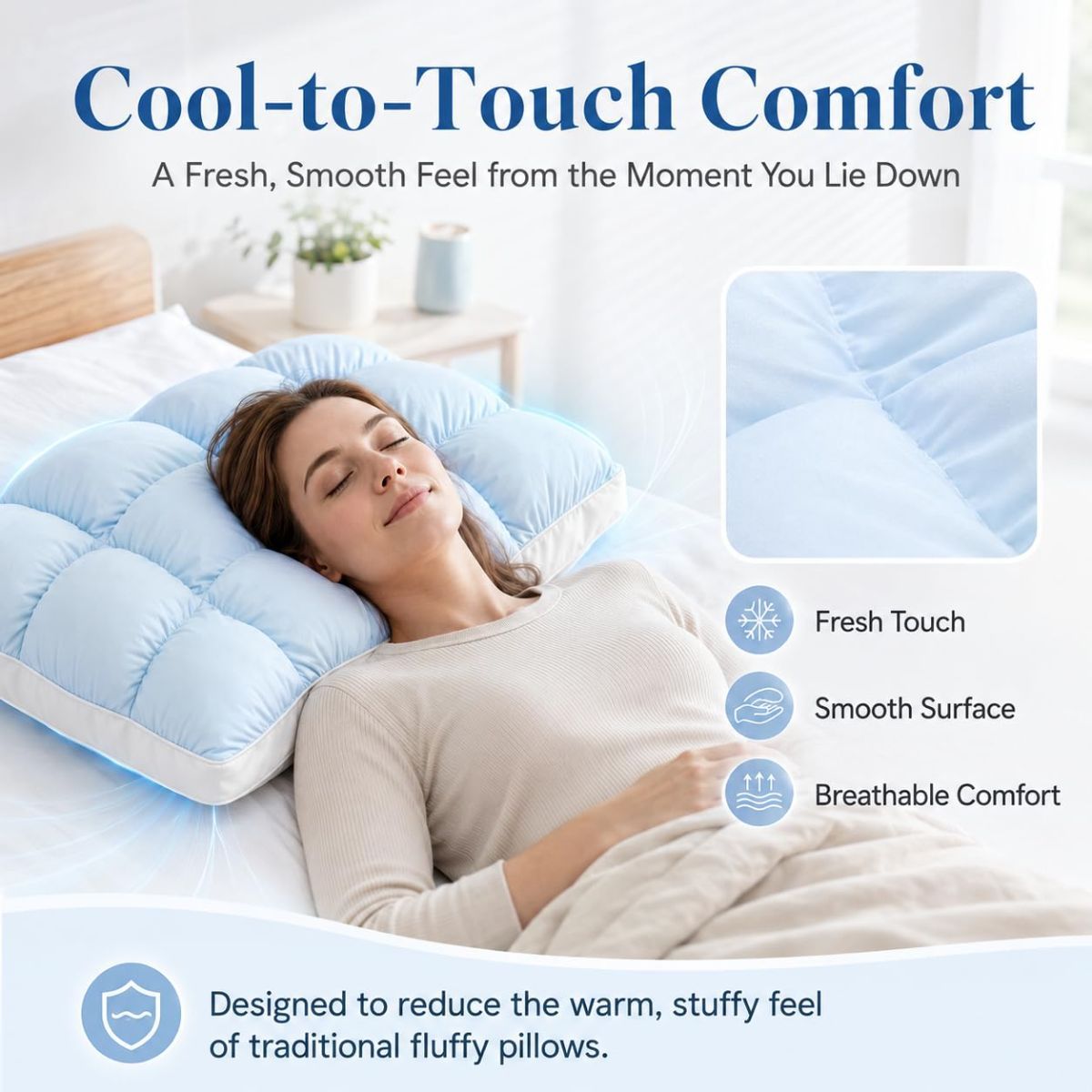 Mellow Puff Cooling Pillow for Sleeping, Fluffy Cloud Pillow with Ice-Silk Touch, Breathable Quilted Grid Design, for Side and Back Sleepers, Machine Washable - White - Size 26in*20in