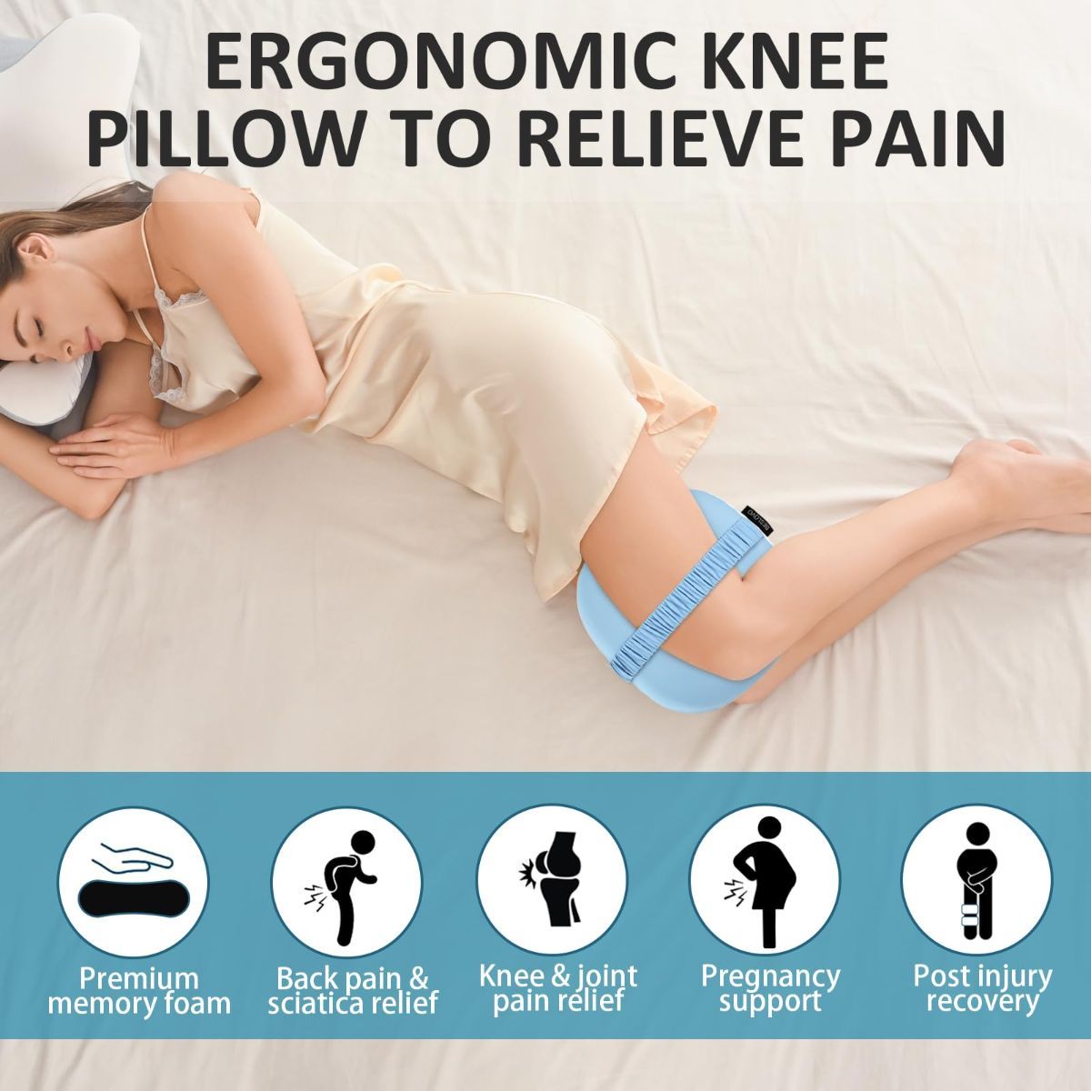 Side Sleeper Knee Pillow, Memory Foam Leg Pillow, Ergonomic Between Leg Pillow Eases Back Hip Pain, Spine Alignment Sciatica Relief, Knee Pillow with Ice Silk Cover and Elastic Strap - White - Size 10in*9in