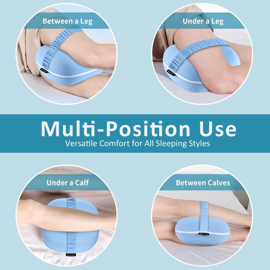Side Sleeper Knee Pillow, Memory Foam Leg Pillow, Ergonomic Between Leg Pillow Eases Back Hip Pain, Spine Alignment Sciatica Relief, Knee Pillow with Ice Silk Cover and Elastic Strap - Blue - Size 10in*9in
