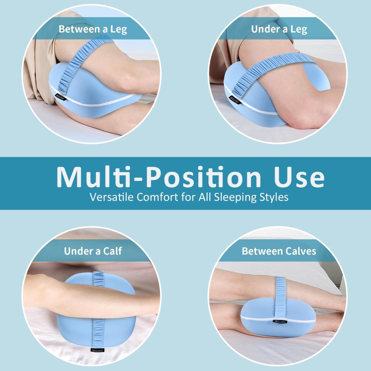 Side Sleeper Knee Pillow, Memory Foam Leg Pillow, Ergonomic Between Leg Pillow Eases Back Hip Pain, Spine Alignment Sciatica Relief, Knee Pillow with Ice Silk Cover and Elastic Strap - Blue - Size 10in*9in
