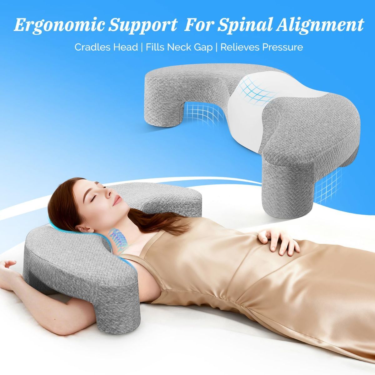 Side Sleeper Pillow with Arm Channel for Shoulder, Neck & Rotator Cuff Pain Relief, Memory Foam Cervical Neck Pillow Also Comfortable for Back Sleepers