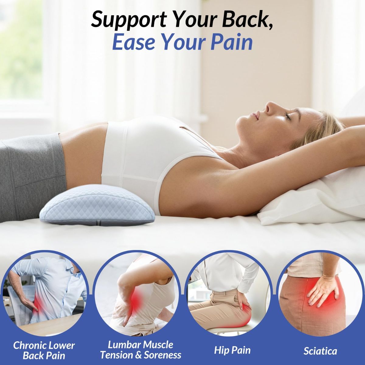 Inflatable Lumbar Support Pillow for Bed with Customized Lower Back Pain Relief & Support, Memory Foam Back Support for Side & Back Sleeping, Bed Pillow for Driving, Resting, Breathable Cover