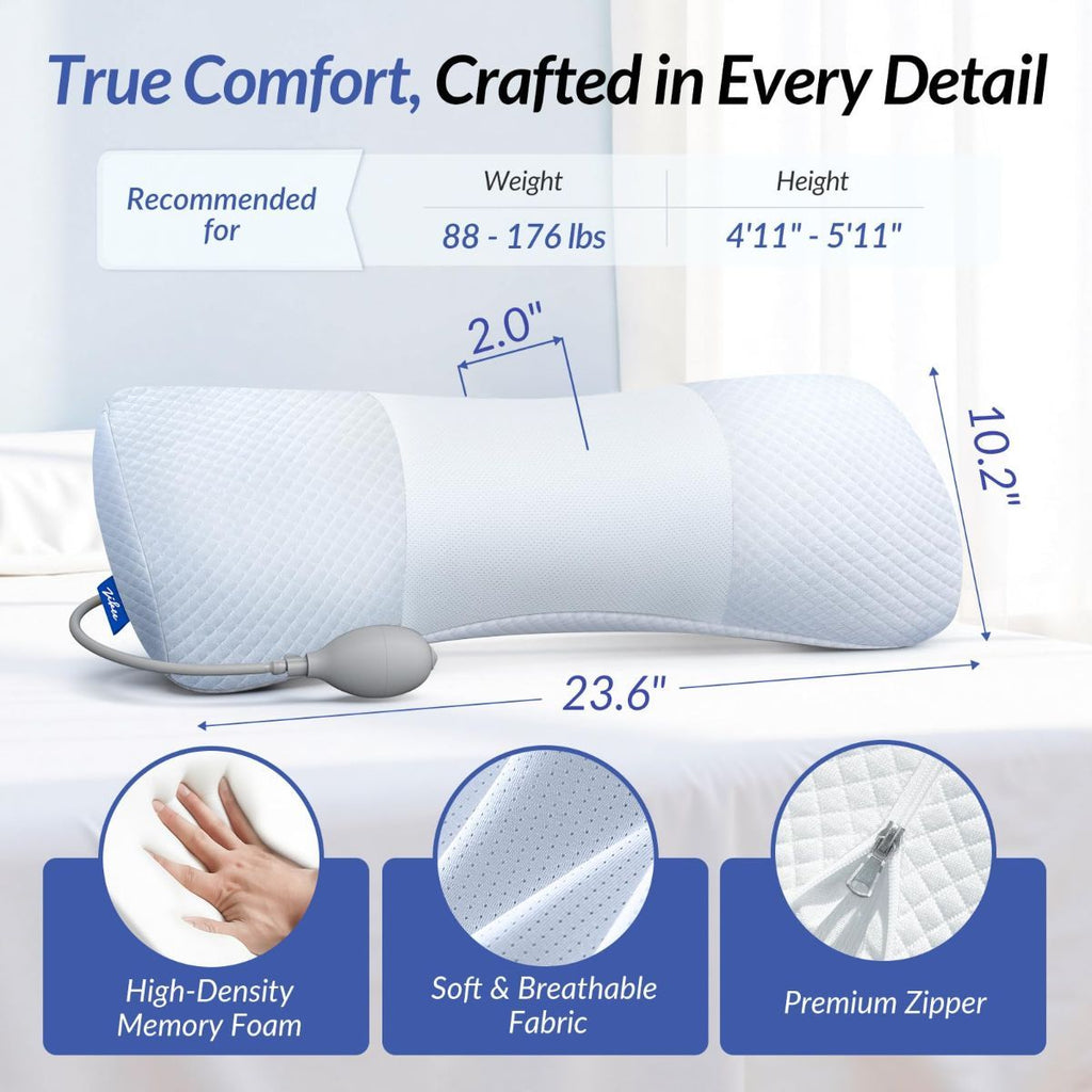 Inflatable Lumbar Support Pillow for Bed with Customized Lower Back Pain Relief & Support, Memory Foam Back Support for Side & Back Sleeping, Bed Pillow for Driving, Resting, Breathable Cover