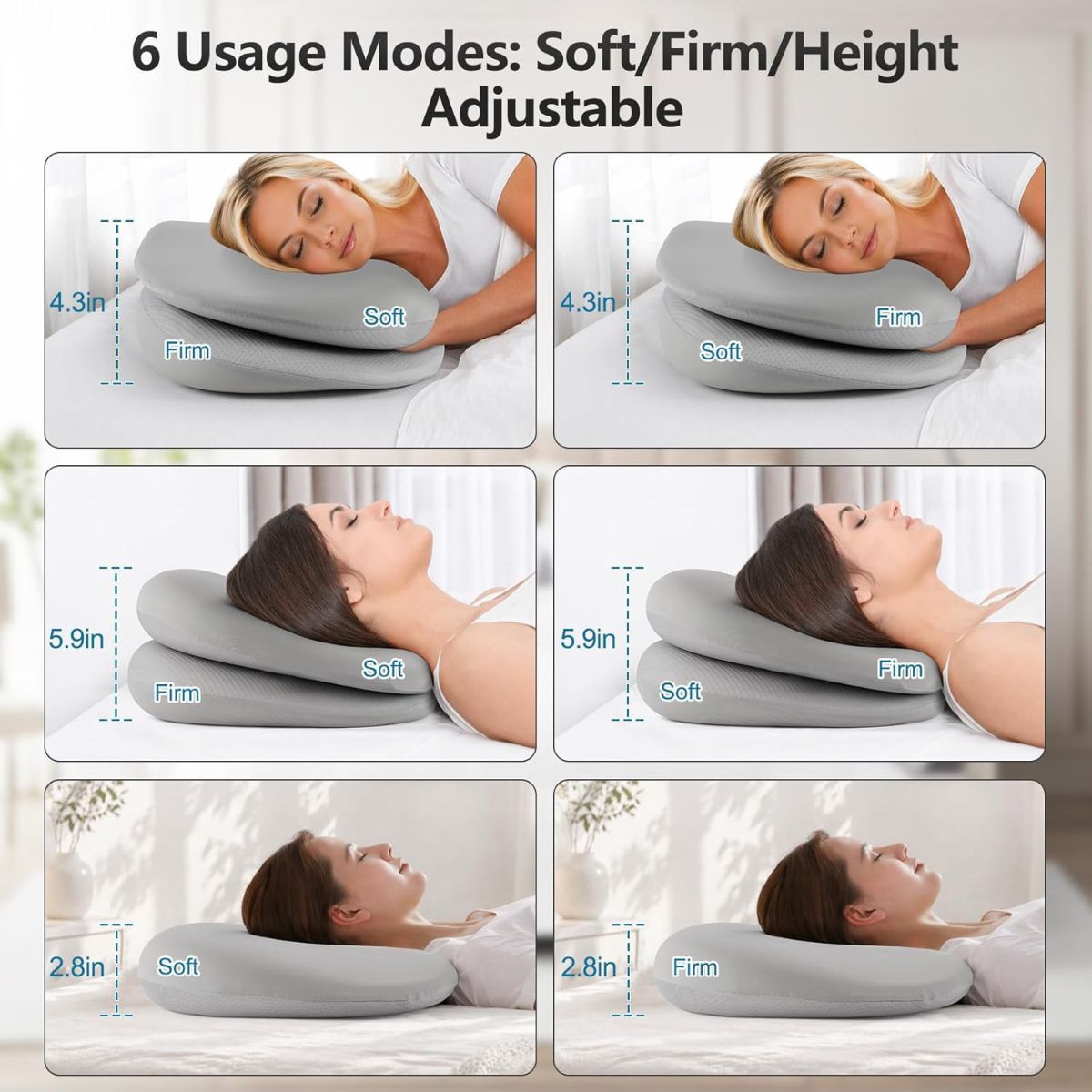 Cooling Memory Foam Pillow – 6-in-1 Adjustable Height & Firmness for All Sleep Positions (Gray)