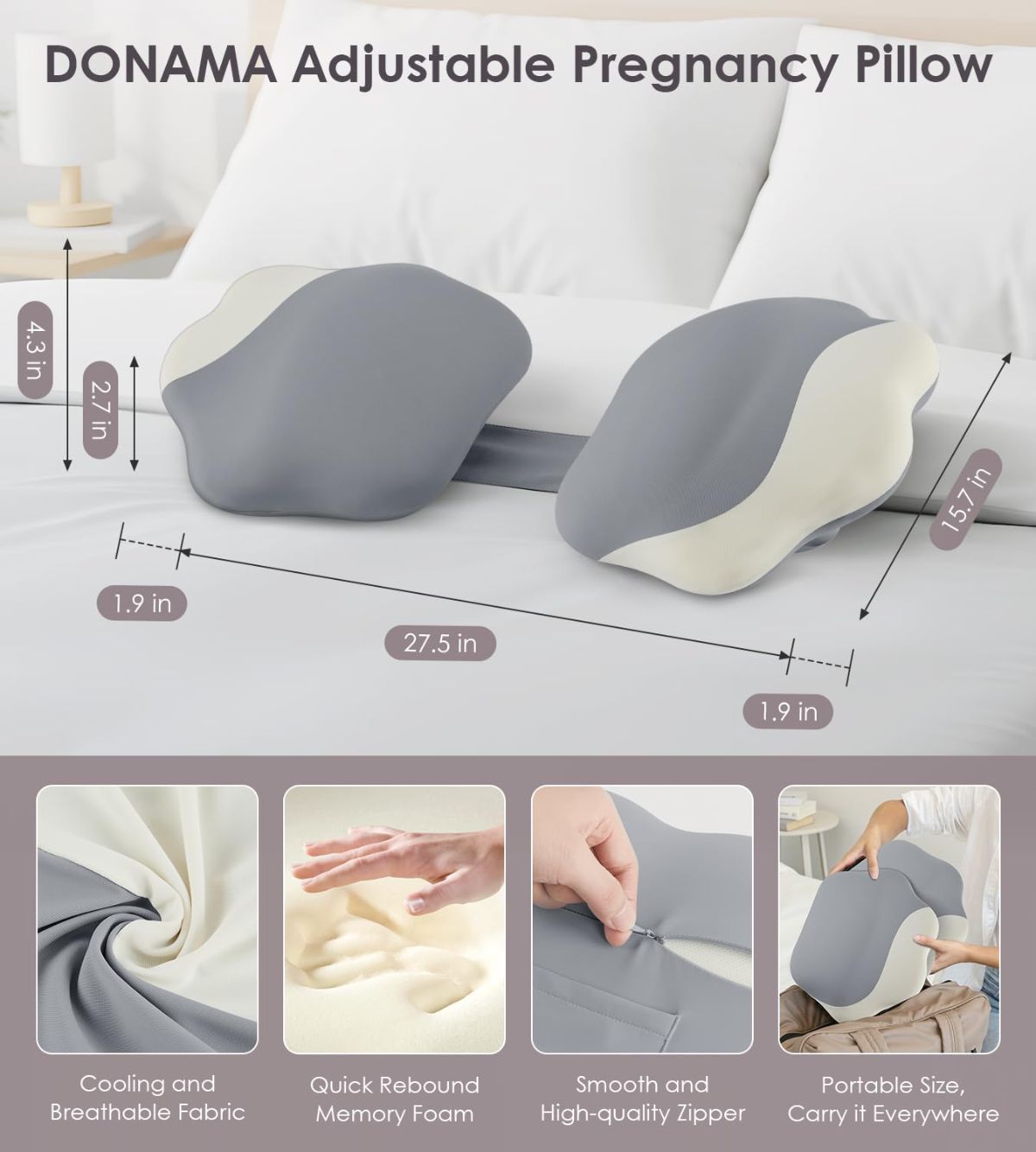 Pregnancy Pillows for Sleeping, Memory Foam Maternity Pillow Support for Back Belly HIPS, Adjustable Travel Wedge Pillow for Pregnant Women, Side Sleeping Pregnant Pillows with Cooling Pillowcase - Gray - Size 27.5in*15.7in