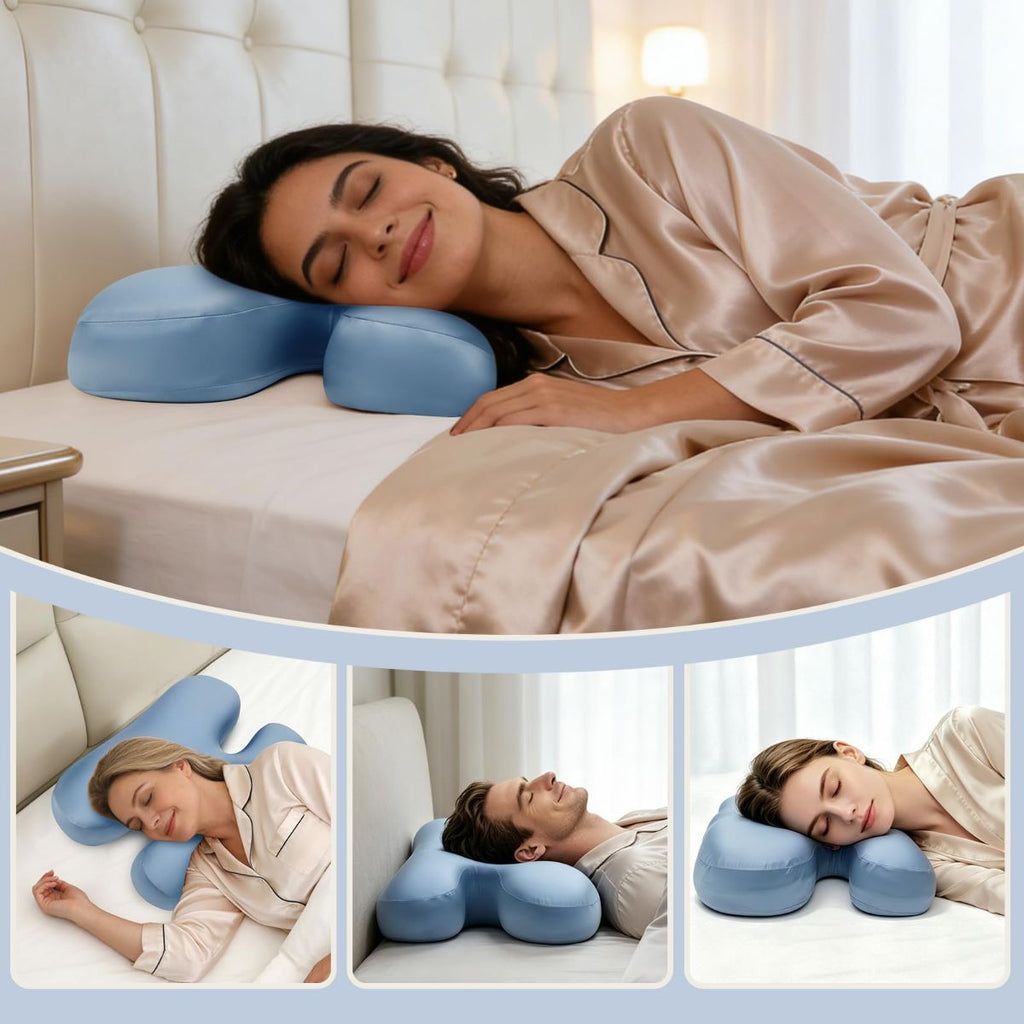 Side Sleeper Pillow for Anti-Wrinkle, Cooling Memory Foam Beauty Pillows for Neck Pain & Breathing Smoothly, Silky Satin Anti-Aging Pillow with Ergonomic Design for Back and Side Sleeper - Blue - Size 57cm*38cm