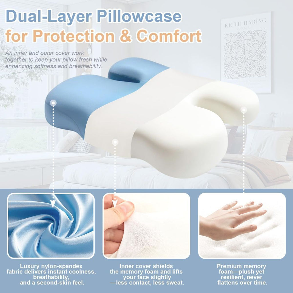 Side Sleeper Pillow for Anti-Wrinkle, Cooling Memory Foam Beauty Pillows for Neck Pain & Breathing Smoothly, Silky Satin Anti-Aging Pillow with Ergonomic Design for Back and Side Sleeper - Green - Size 57cm*38cm