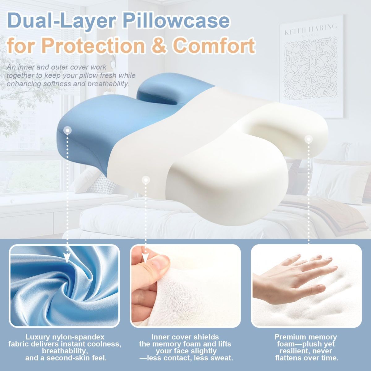 Side Sleeper Pillow for Anti-Wrinkle, Cooling Memory Foam Beauty Pillows for Neck Pain & Breathing Smoothly, Silky Satin Anti-Aging Pillow with Ergonomic Design for Back and Side Sleeper - Green - Size 57cm*38cm