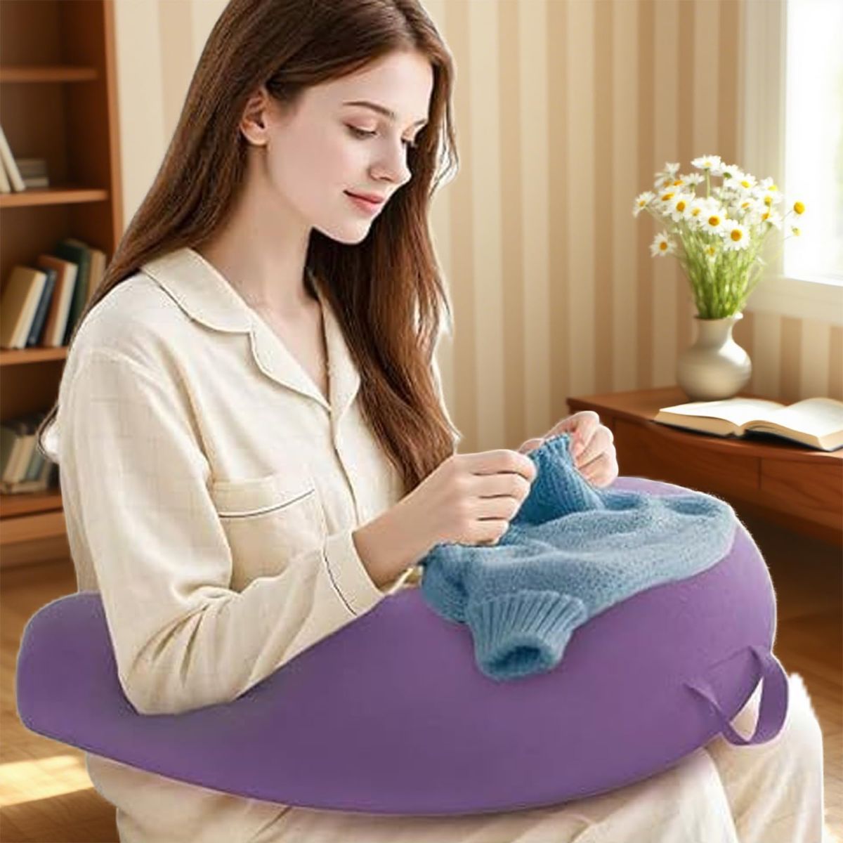 Reading Lap Pillow Ergonomic U Shape Cushion | Reading Pillow for Bed for Adults Elbow Rest Reduces Fatigue Desk Couch Floor Sofa Sitting Working Crocheting Writing - Sky Blue - Size 40cm*34cm