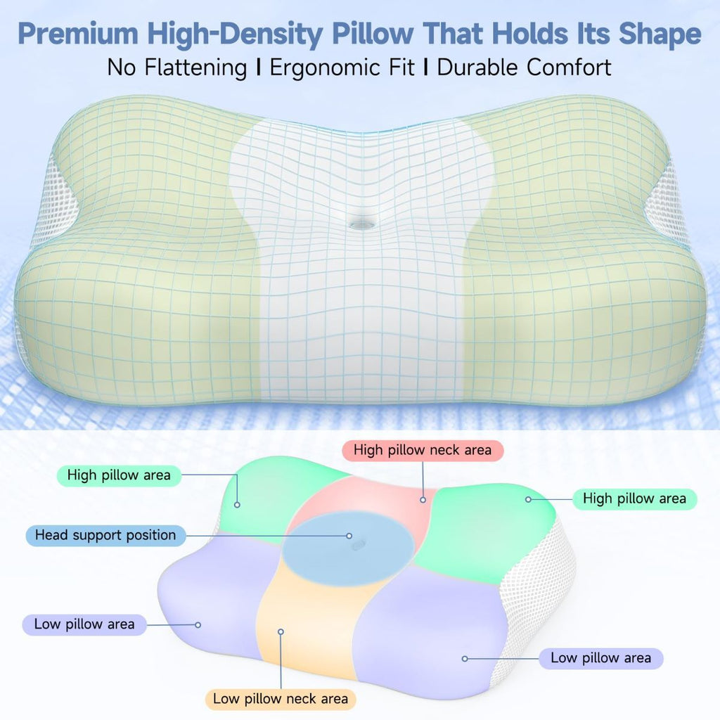 Memory Foam Cervical Pillow, Neck Comfort Support,Ergonomic High-Low Contour Neck Pillow, Supportive Sleeping Pillow for Side, Back, Stomach Sleepers, Removable Washable Cover(Green)