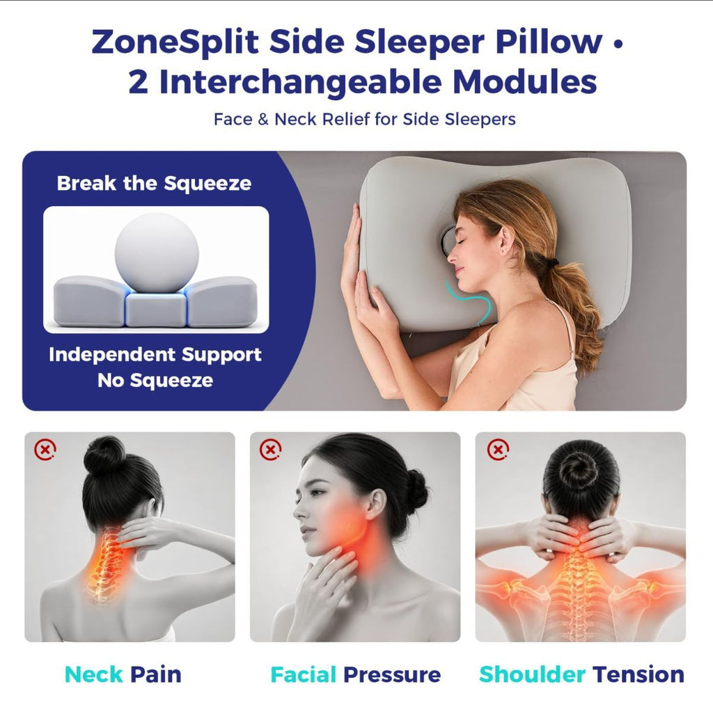 Side Sleeper Pillow - Face & Neck Relief, Dual-Mode 2-in-1, 60D Memory Foam, Dual-Height: 4" & 5", Cervical Support for Side Sleepers, Cooling Washable Cover - Gray - Size 60cm*38cm