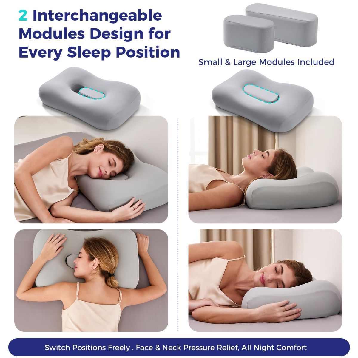 Side Sleeper Pillow - Face & Neck Relief, Dual-Mode 2-in-1, 60D Memory Foam, Dual-Height: 4" & 5", Cervical Support for Side Sleepers, Cooling Washable Cover - Gray - Size 60cm*38cm
