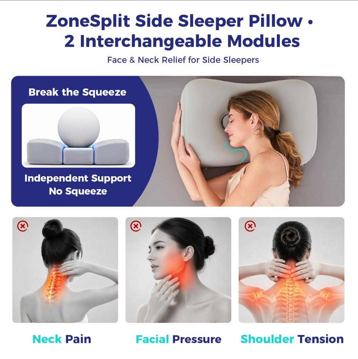Side Sleeper Pillow - Face & Neck Relief, Dual-Mode 2-in-1, 60D Memory Foam, Dual-Height: 4" & 5", Cervical Support for Side Sleepers, Cooling Washable Cover - White - Size 60cm*38cm