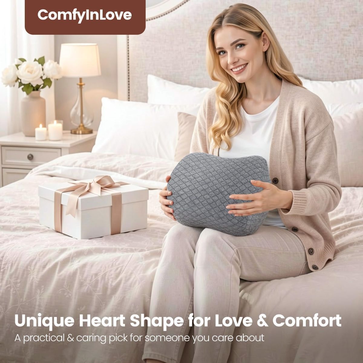 Knee Pillow for Side Sleepers, Supportive Memory Foam Leg Pillow for Side Sleeping with Elastic Strap, Heart-Shape Pillow Between Legs for Pain Relief on Sciatica, Hip Joints - White - Size 10.6in*11in