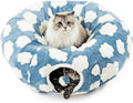 Cat Tunnel Bed with Washable Cushion for Indoor Cat, Donut Cave Tube Toys for Kitten Puppy Rabbit - Blue - Size 33.5in