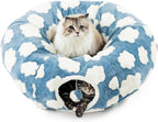 Cat Tunnel Bed with Washable Cushion for Indoor Cat, Donut Cave Tube Toys for Kitten Puppy Rabbit - Blue - Size 33.5in