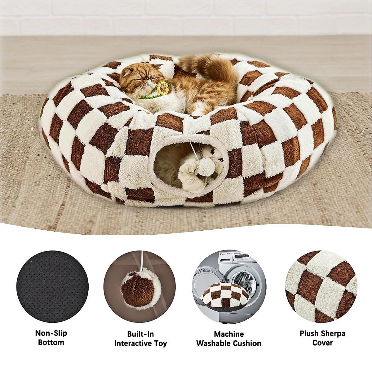 Cat Tunnel Bed with Washable Cushion for Indoor Cat, Donut Cave Tube Toys for Kitten Puppy Rabbit - Brown - Size 33.5in