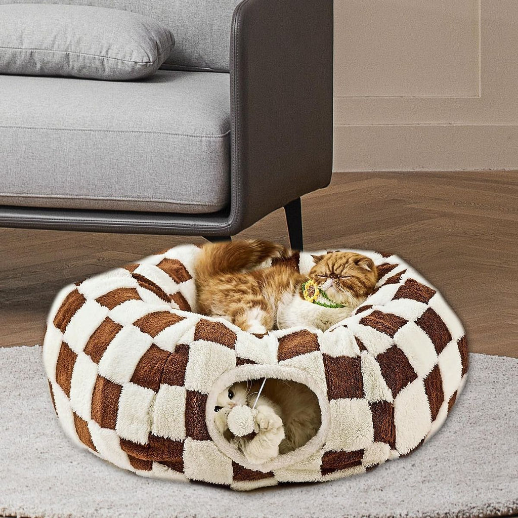 Cat Tunnel Bed with Washable Cushion for Indoor Cat, Donut Cave Tube Toys for Kitten Puppy Rabbit - Purple - Size 33.5in