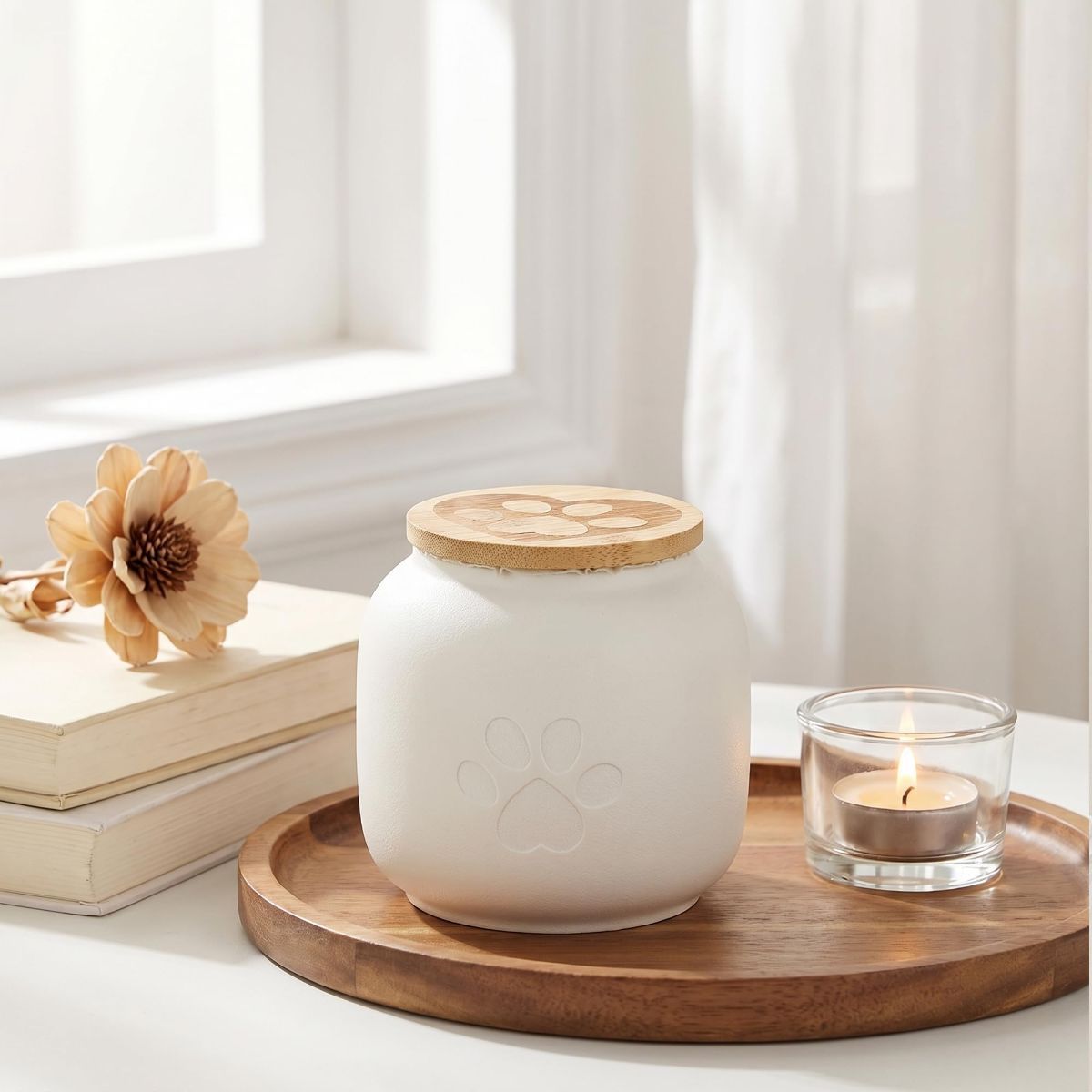 Small Pet Urn for Ashes, Cremation Memorial Urns for Cats & Dogs, Ceramic Paw Design Keepsake Jar with Wooden Lid, Pets Loss Sympathy Gift, 17oz - Orange - Size 3.9in*3.7in
