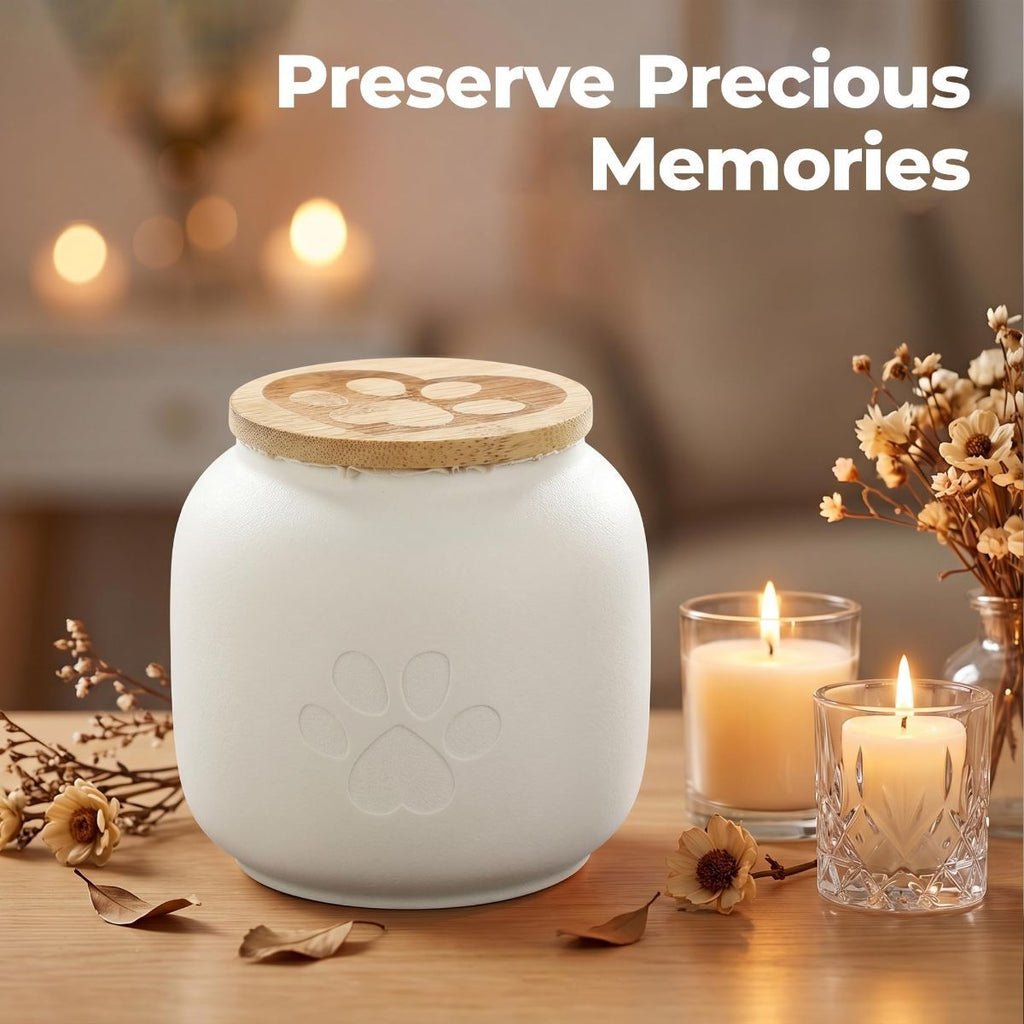 Small Pet Urn for Ashes, Cremation Memorial Urns for Cats & Dogs, Ceramic Paw Design Keepsake Jar with Wooden Lid, Pets Loss Sympathy Gift, 17oz - White - Size 3.9in*3.7in