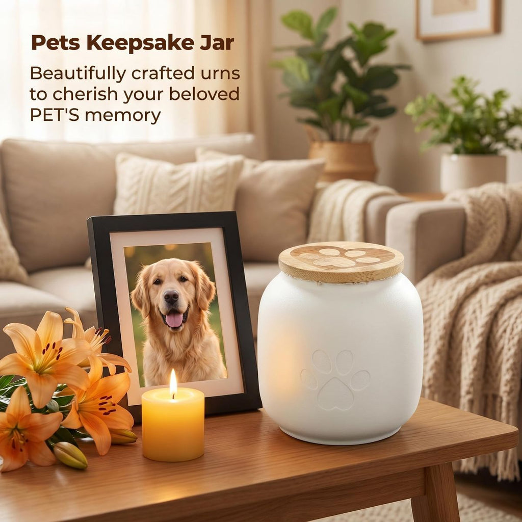 Small Pet Urn for Ashes, Cremation Memorial Urns for Cats & Dogs, Ceramic Paw Design Keepsake Jar with Wooden Lid, Pets Loss Sympathy Gift, 17oz - Yellow - Size 3.9in*3.7in