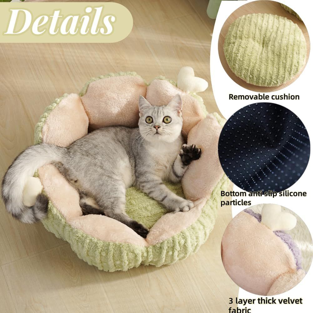 Cactus Cat Beds for Indoor Cute Cactus Fluffy Puppy Bed Squishmall Pet Bed with Removable & Washable Cushion Pillow Cat House Bed Warm Sleeping Bed for Cats Small Dogs - Green - Size 45cm