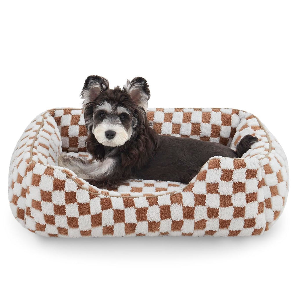 Dog Beds -Cute Cat Beds for Indoor Cats Calming Pet Beds, Rectangle Orthopedic Cuddle Puppy Bed with Jacquard Shaggy Plush & Anti Slip Bottom - Brown - Size L