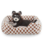 Dog Beds -Cute Cat Beds for Indoor Cats Calming Pet Beds, Rectangle Orthopedic Cuddle Puppy Bed with Jacquard Shaggy Plush & Anti Slip Bottom - Brown - Size M