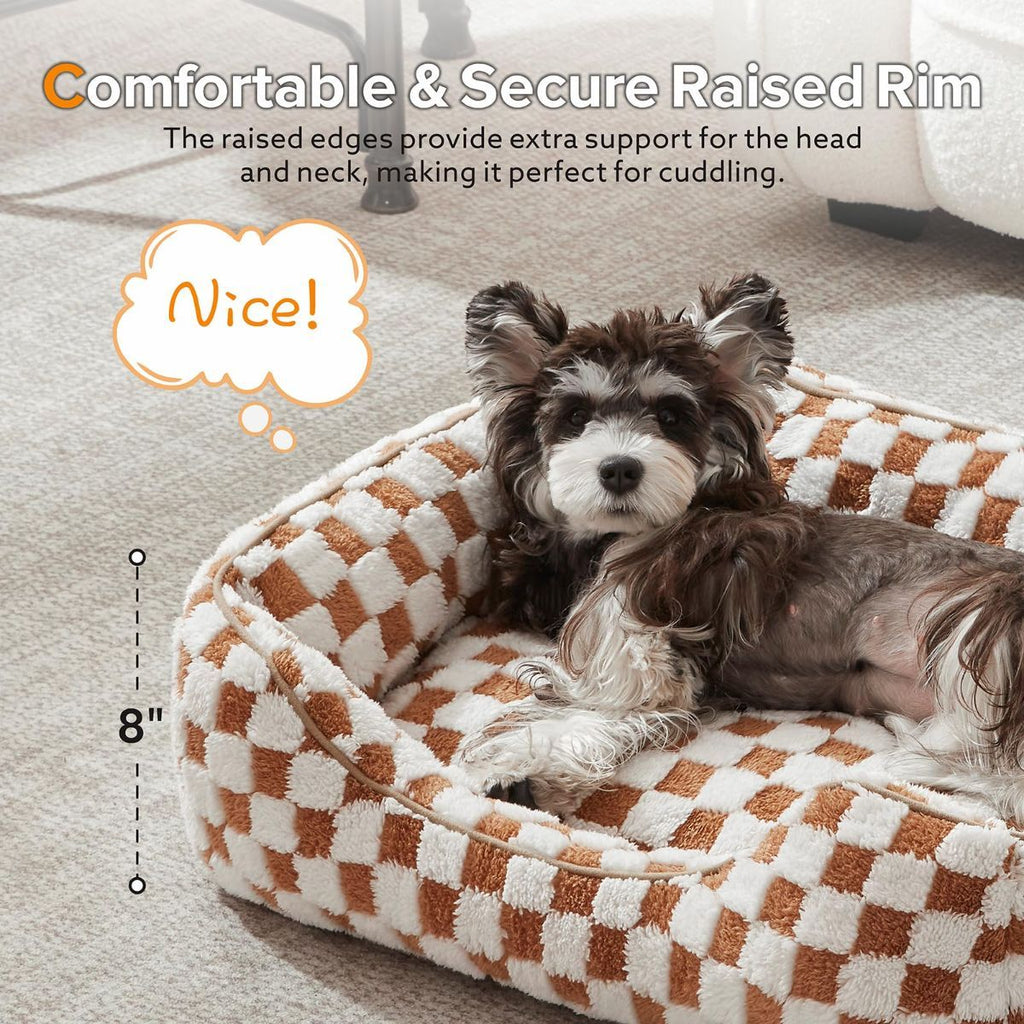 Dog Beds -Cute Cat Beds for Indoor Cats Calming Pet Beds, Rectangle Orthopedic Cuddle Puppy Bed with Jacquard Shaggy Plush & Anti Slip Bottom - Brown - Size S