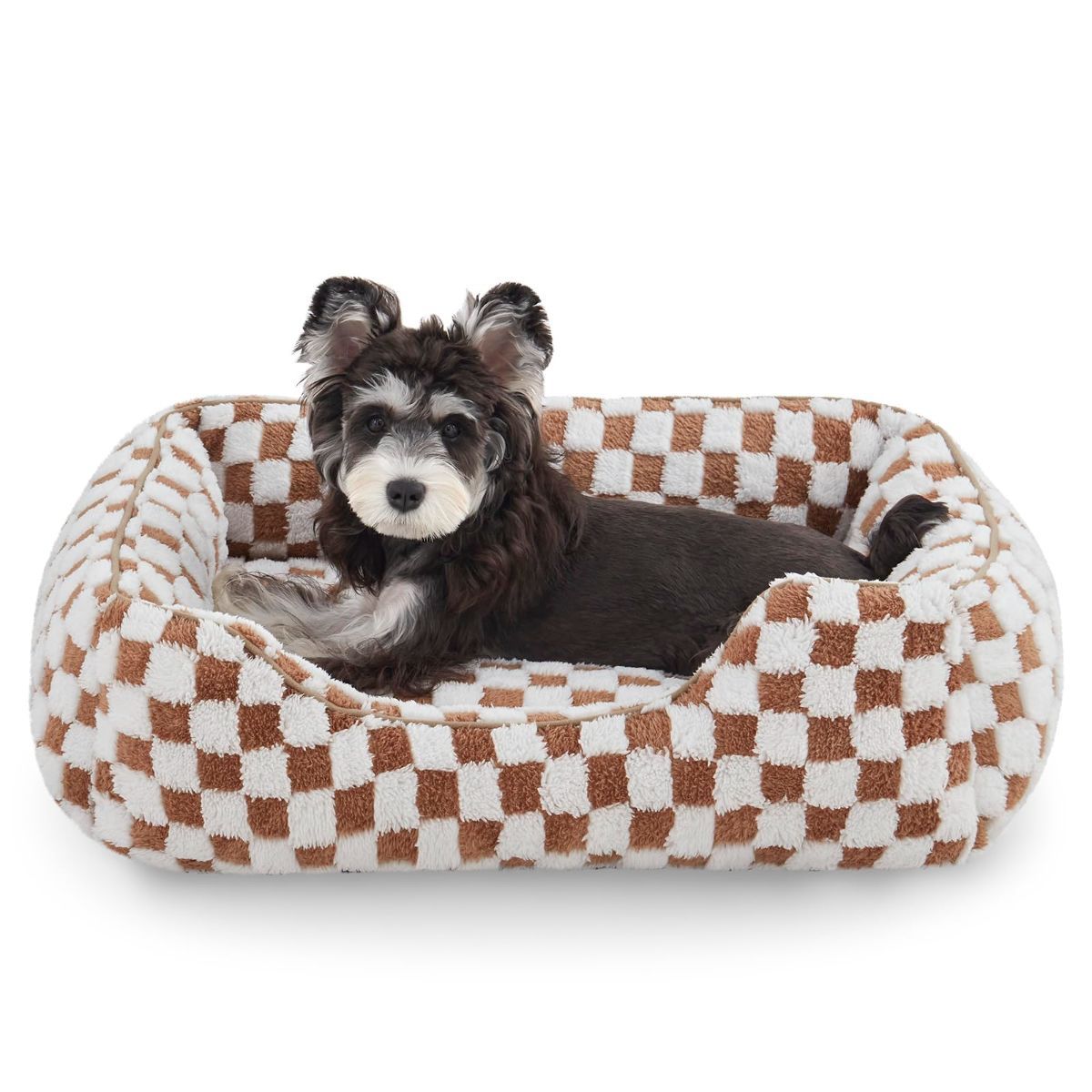 Dog Beds -Cute Cat Beds for Indoor Cats Calming Pet Beds, Rectangle Orthopedic Cuddle Puppy Bed with Jacquard Shaggy Plush & Anti Slip Bottom - Brown - Size XL