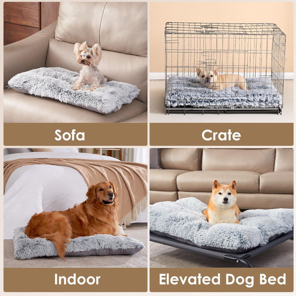 Fluffy Dog Crate Bed for Extra Large Dogs, Plush Faux Fur Pad, Calming Anti Anxiety XL Bed for Crate, Washable Soft Warm Dog Mat with Non-Slip Bottom - Gray - Size 29.5"L x 20"W