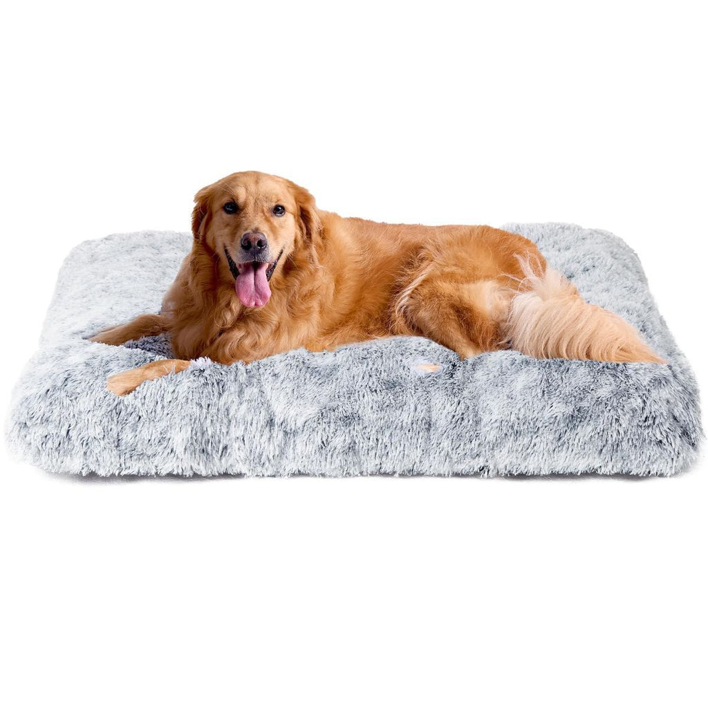 Fluffy Dog Crate Bed for Extra Large Dogs, Plush Faux Fur Pad, Calming Anti Anxiety XL Bed for Crate, Washable Soft Warm Dog Mat with Non-Slip Bottom - Gray - Size 44"L x 33"W