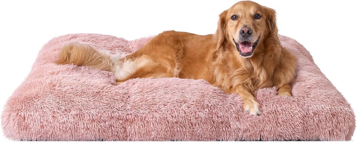 Fluffy Dog Crate Bed for Extra Large Dogs, Plush Faux Fur Pad, Calming Anti Anxiety XL Bed for Crate, Washable Soft Warm Dog Mat with Non-Slip Bottom - Pink - Size 47"L x 35"W
