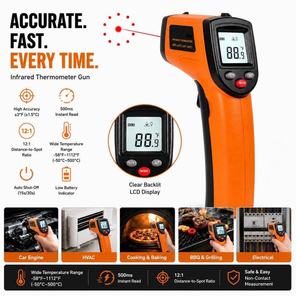 Digital Infrared Thermometer Gun -58°F to 1112°F, Non Contact Infrared Thermometer Laser Temperature Gun for Cooking, BBQ, Pizza Oven, Griddle, HVAC,Instant-Read with Backlit Display (Not for Human)