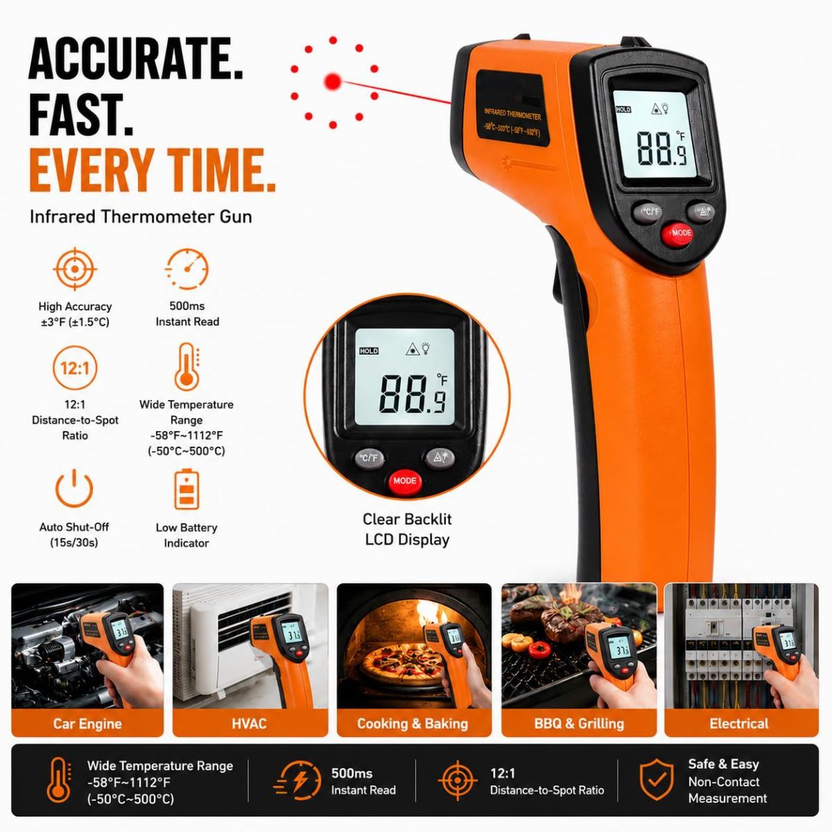 Digital Infrared Thermometer Gun -58°F to 1112°F, Non Contact Infrared Thermometer Laser Temperature Gun for Cooking, BBQ, Pizza Oven, Griddle, HVAC,Instant-Read with Backlit Display (Not for Human)
