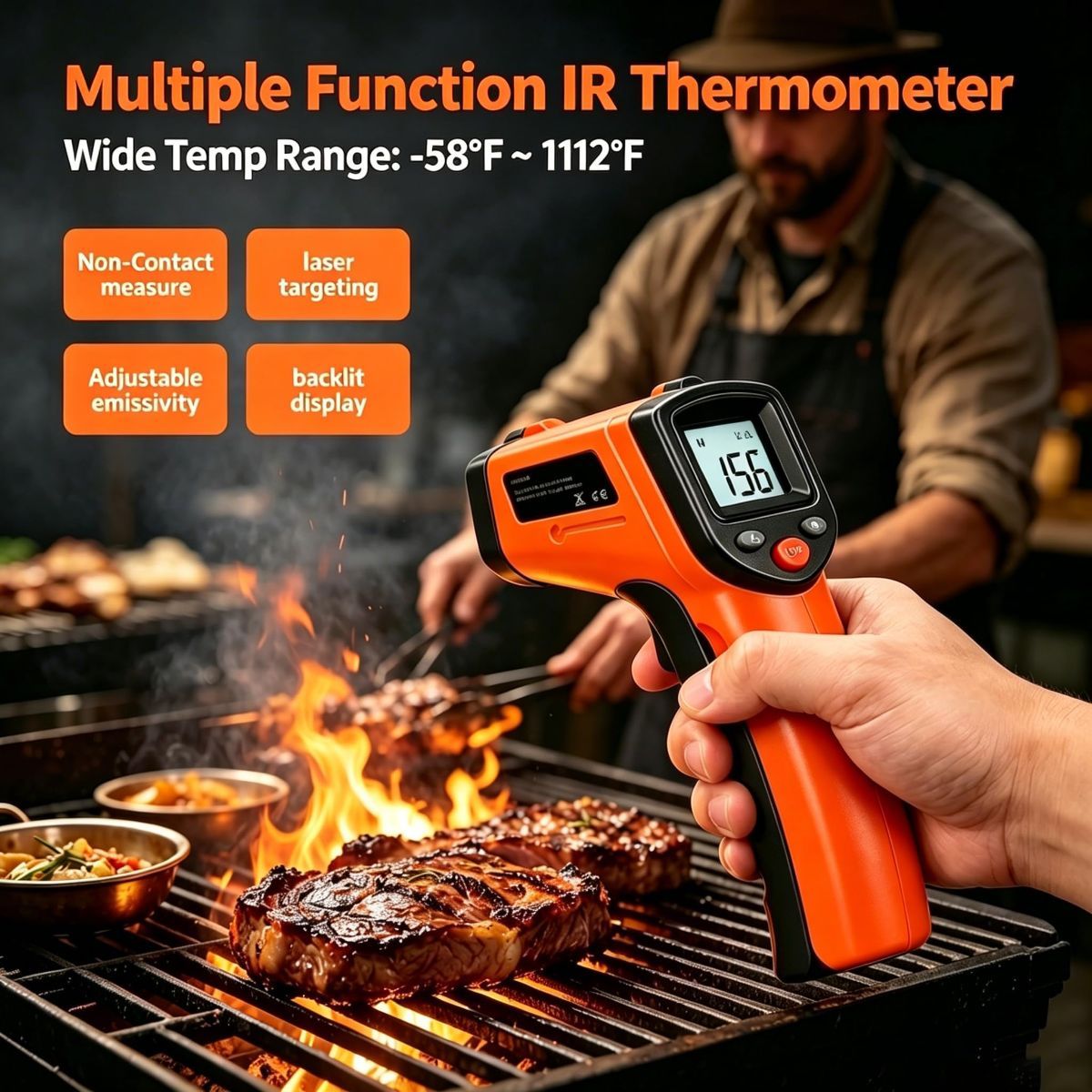Digital Infrared Thermometer Gun -58°F to 1112°F, Non Contact Infrared Thermometer Laser Temperature Gun for Cooking, BBQ, Pizza Oven, Griddle, HVAC,Instant-Read with Backlit Display (Not for Human)