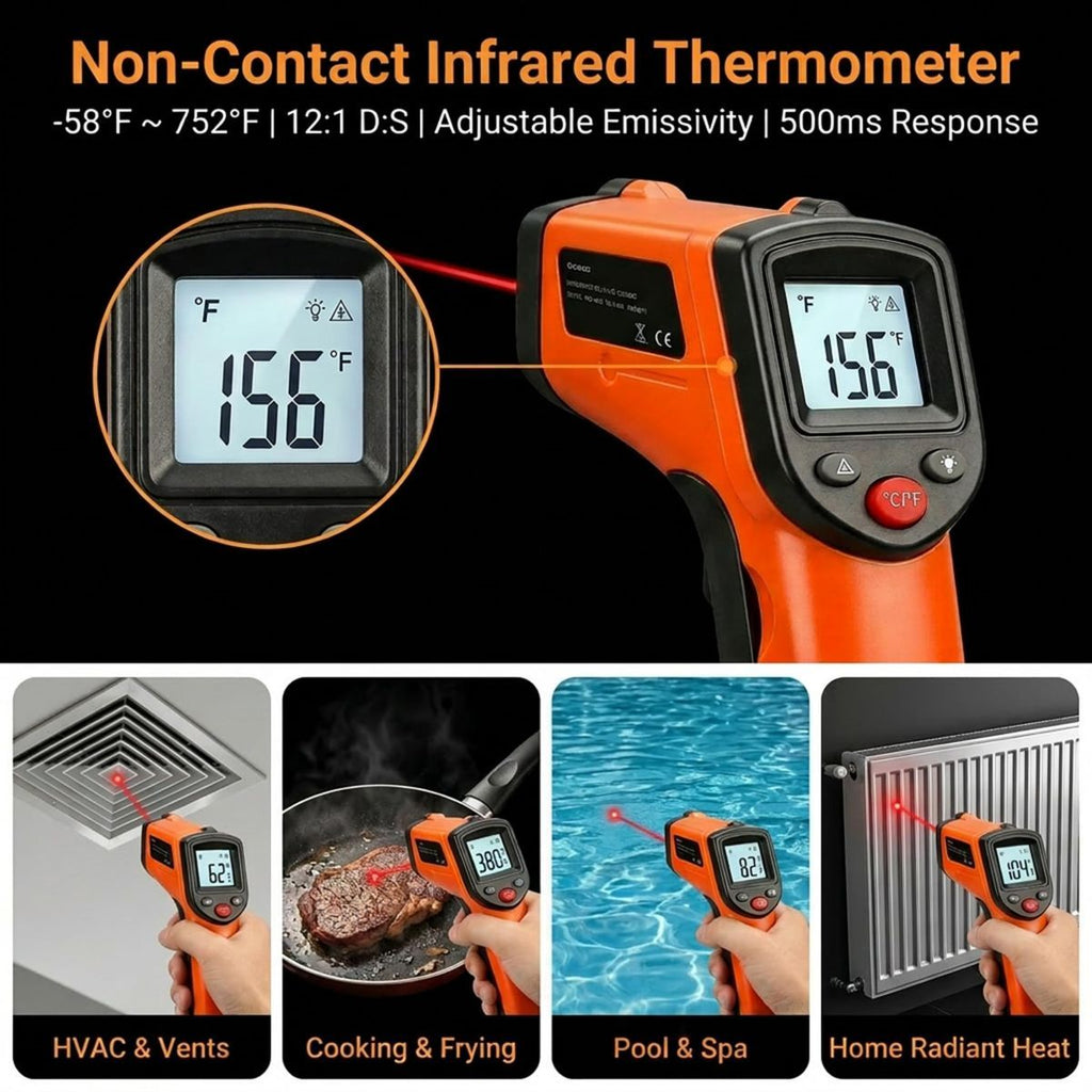 Digital Infrared Thermometer Gun -58°F to 1112°F, Non Contact Infrared Thermometer Laser Temperature Gun for Cooking, BBQ, Pizza Oven, Griddle, HVAC,Instant-Read with Backlit Display (Not for Human)