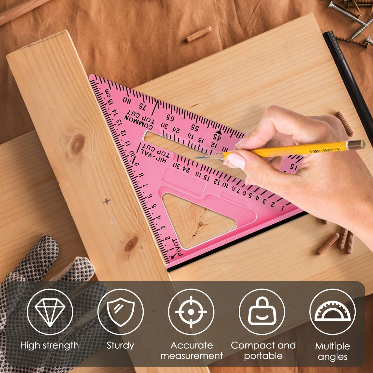 7 Inch Woodworking Triangle Ruler, Metric and Imperial Plastic Carpenter Square, Precision Right Angle Measuring Ruler, Clear Scale Square Protractor for Woodworking and Carpentry - Pink