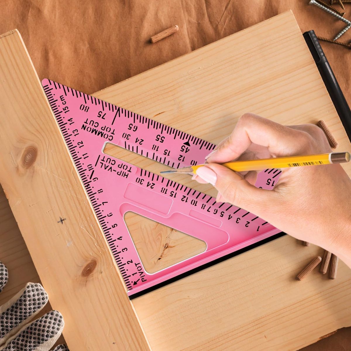 7 Inch Woodworking Triangle Ruler, Metric and Imperial Plastic Carpenter Square, Precision Right Angle Measuring Ruler, Clear Scale Square Protractor for Woodworking and Carpentry - Pink