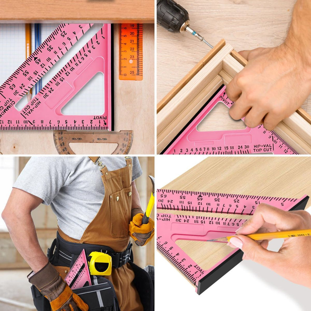 7 Inch Woodworking Triangle Ruler, Metric and Imperial Plastic Carpenter Square, Precision Right Angle Measuring Ruler, Clear Scale Square Protractor for Woodworking and Carpentry - Pink