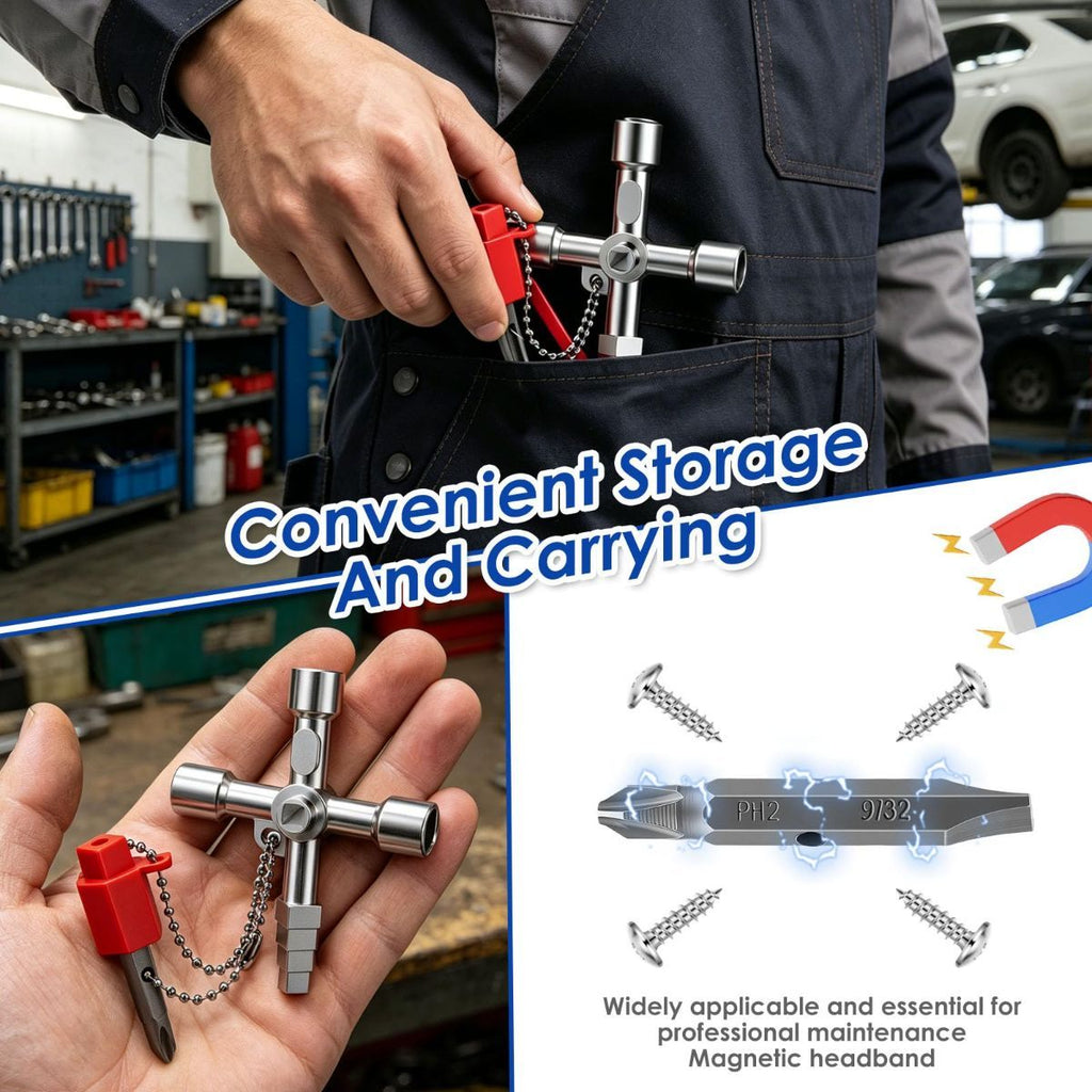 2Pcs 4-Way Universal Utility Key, Multifunctional Cross Key Wrench for Electrical Cabinet, Water Meter, Gas Valve & Elevator, Heavy Duty Pagoda Key with PH2/SL6 Bit & Hex Socket