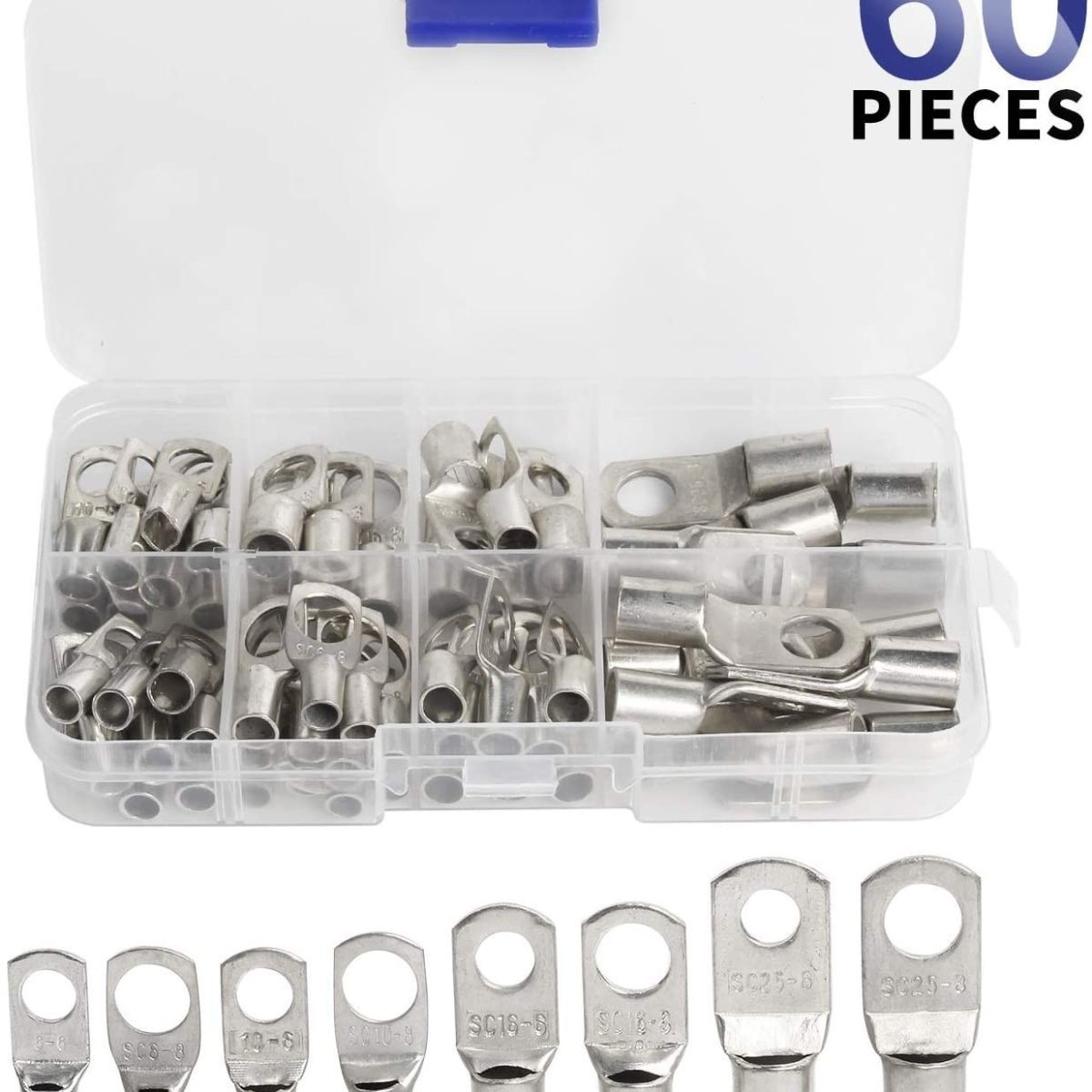 SC6-25 Series Copper Cable Lug Connectors, Silver-Tone, 60pcs