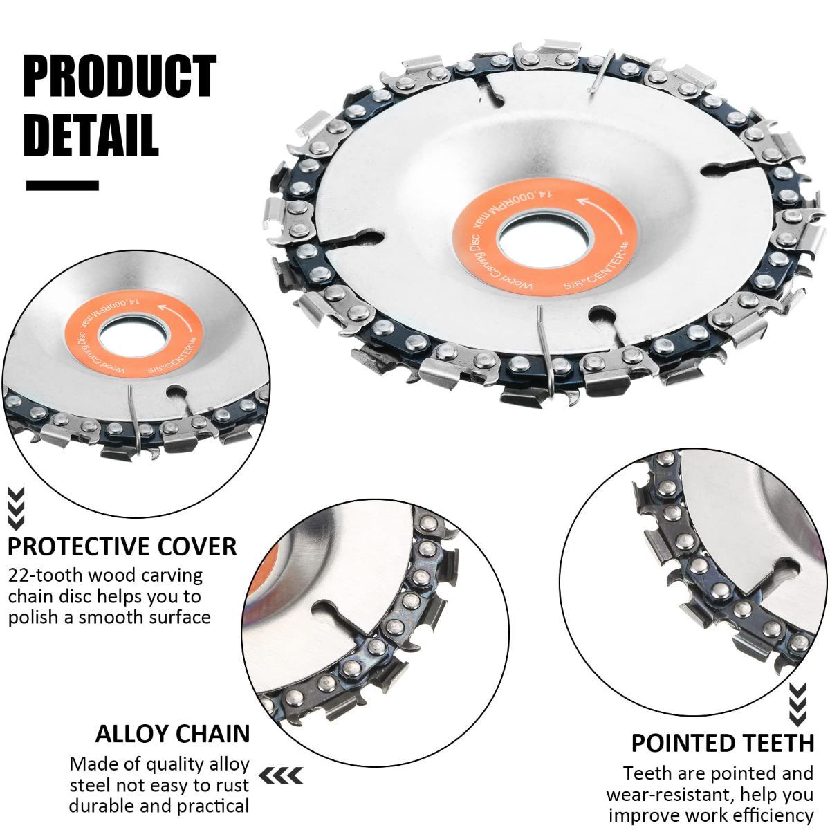 3 Pieces 5/8 Inch Wood Carving Chain Disc, 22 Teeth Angle Grinder Wood Cutting Chainsaw Wheel Disc Removal Stump for 4-1/2 Inch Angle, Inner Diameter Chainsaw