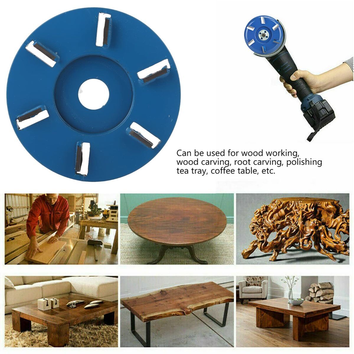Stump Remover Angle Grinder Wood Carving Disc 6 Teeth Chainsaw Mill Cutter Woodworking Blade Tools Wood Turbo Carving Disc Wood Grinding Shaping Disc Grinder Disc for Wood Polish Flat Blade - Blue - Inner diameter 16mm