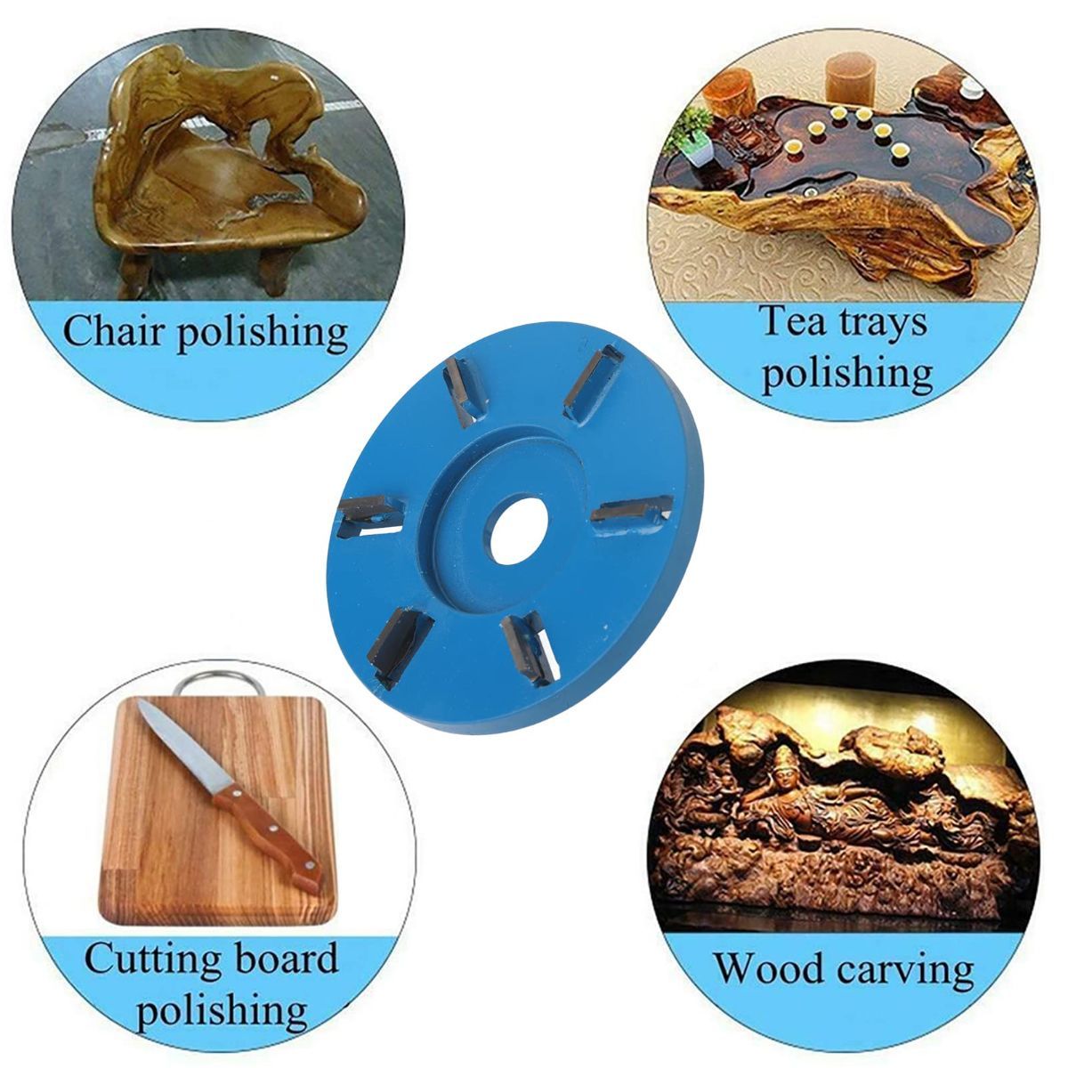 Stump Remover Angle Grinder Wood Carving Disc 6 Teeth Chainsaw Mill Cutter Woodworking Blade Tools Wood Turbo Carving Disc Wood Grinding Shaping Disc Grinder Disc for Wood Polish Flat Blade - Blue - Inner diameter 22mm