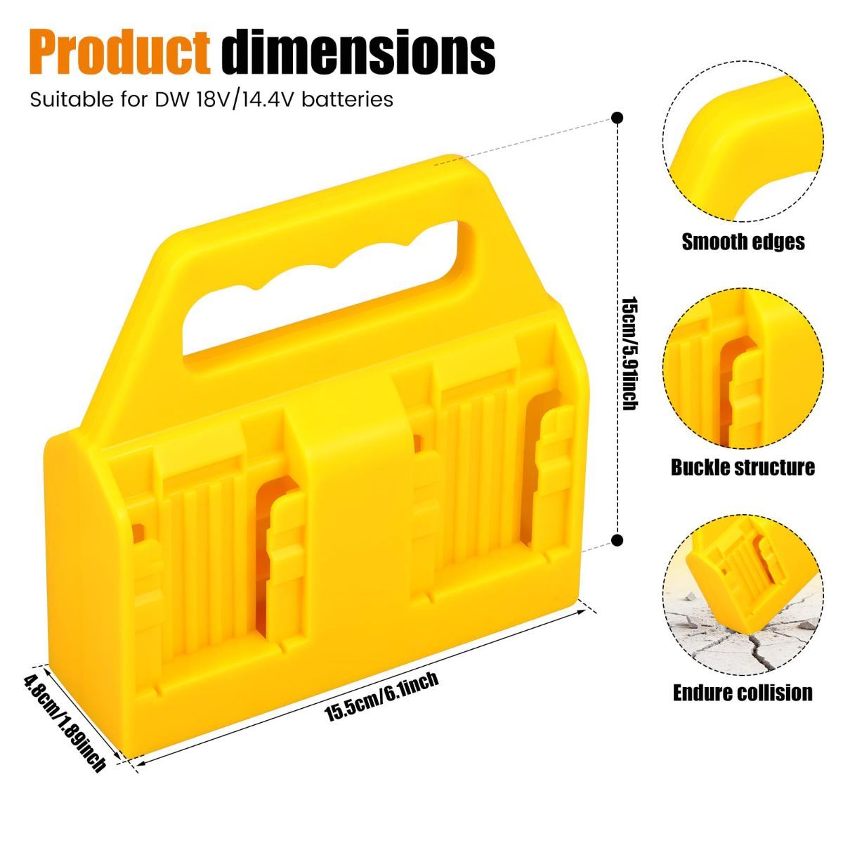 Battery Carrying Holder for 18V/14.4V, Portable Battery Case with Handle, Battery Organizer for Easy and Transport, Ideal for Tool Bags & Job Sites - Yellow - Size 6 Slots